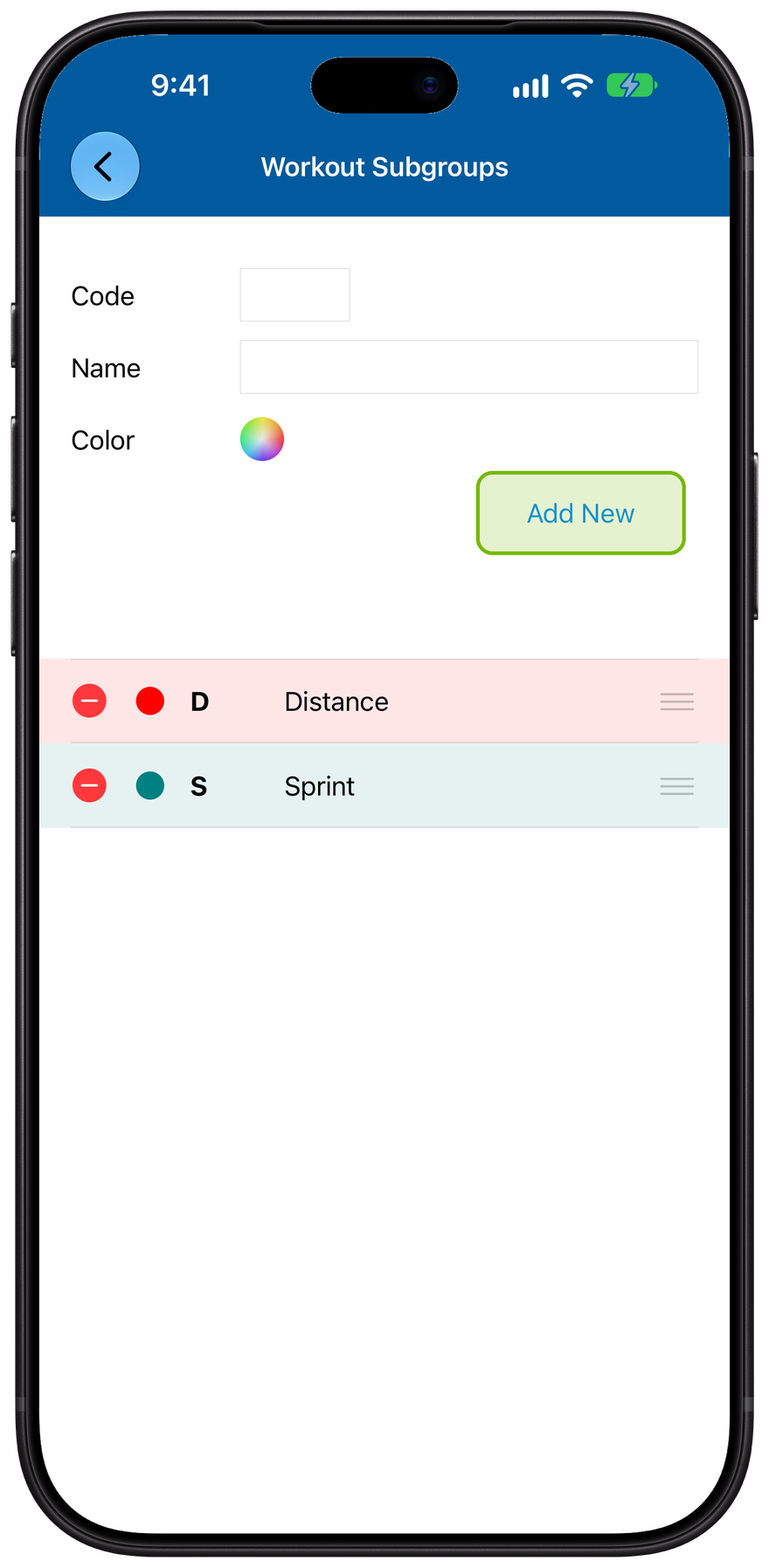 The Workout Subgroups editor showing Distance and Sprint, with the Add New button highlighted