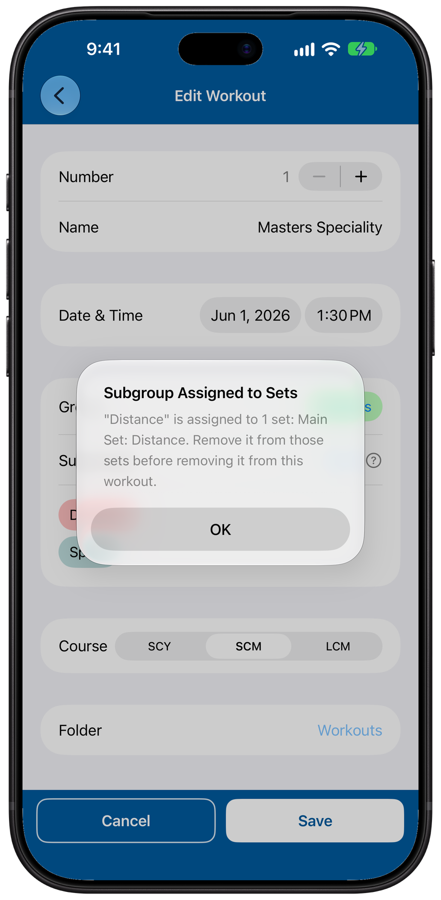 The alert titled Subgroup Assigned to Sets, naming the set that still uses Distance