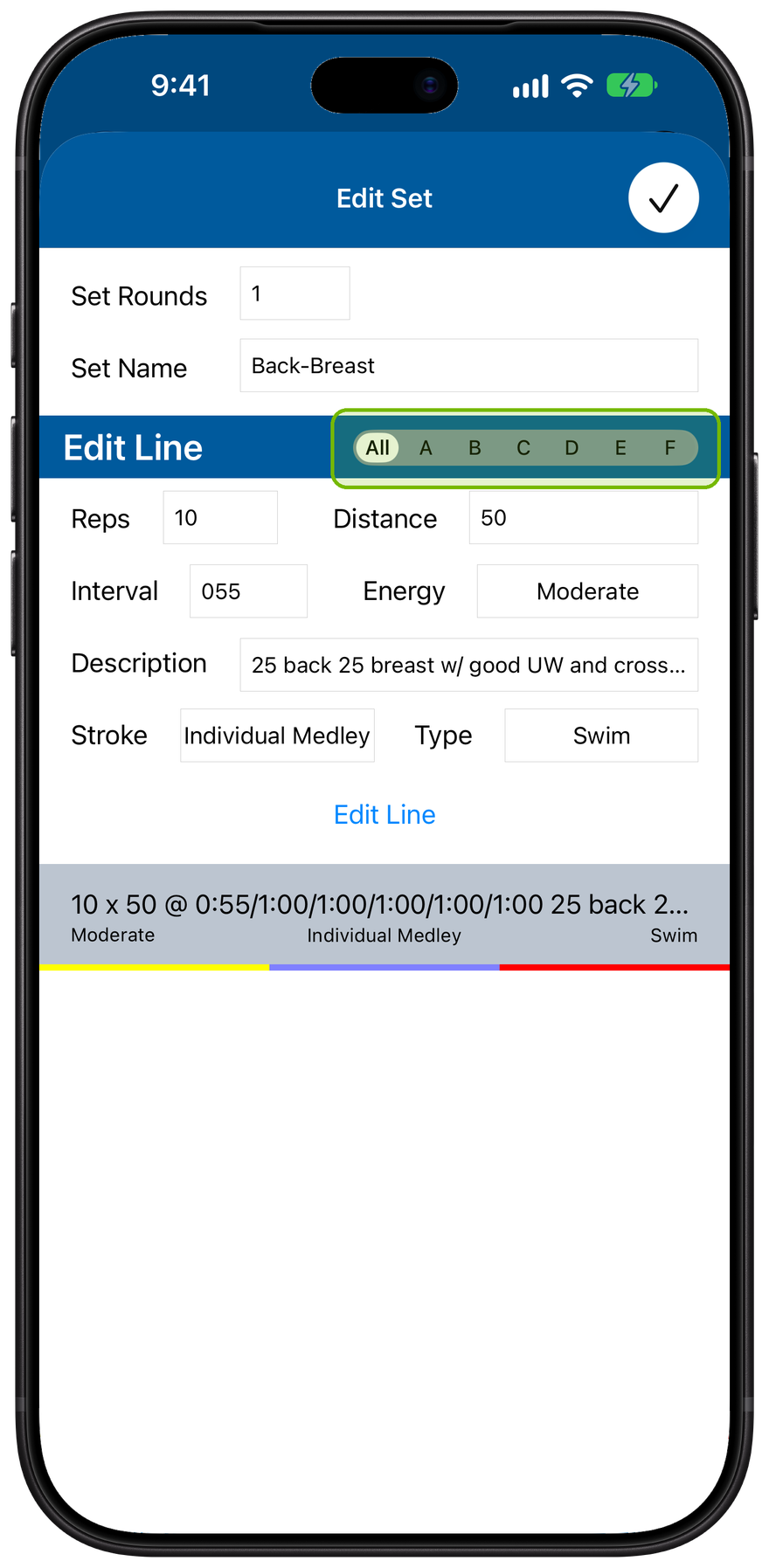 The set editor with the A through F interval-group control selected
