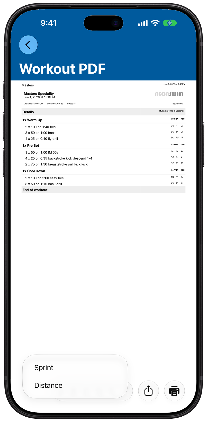 The PDF with no subgroup checked, showing only the untagged Warm Up, Pre Set, and Cool Down